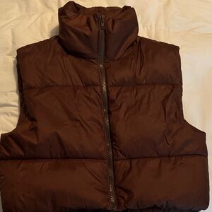 Brown Cropped Puffer Vest Zip Front